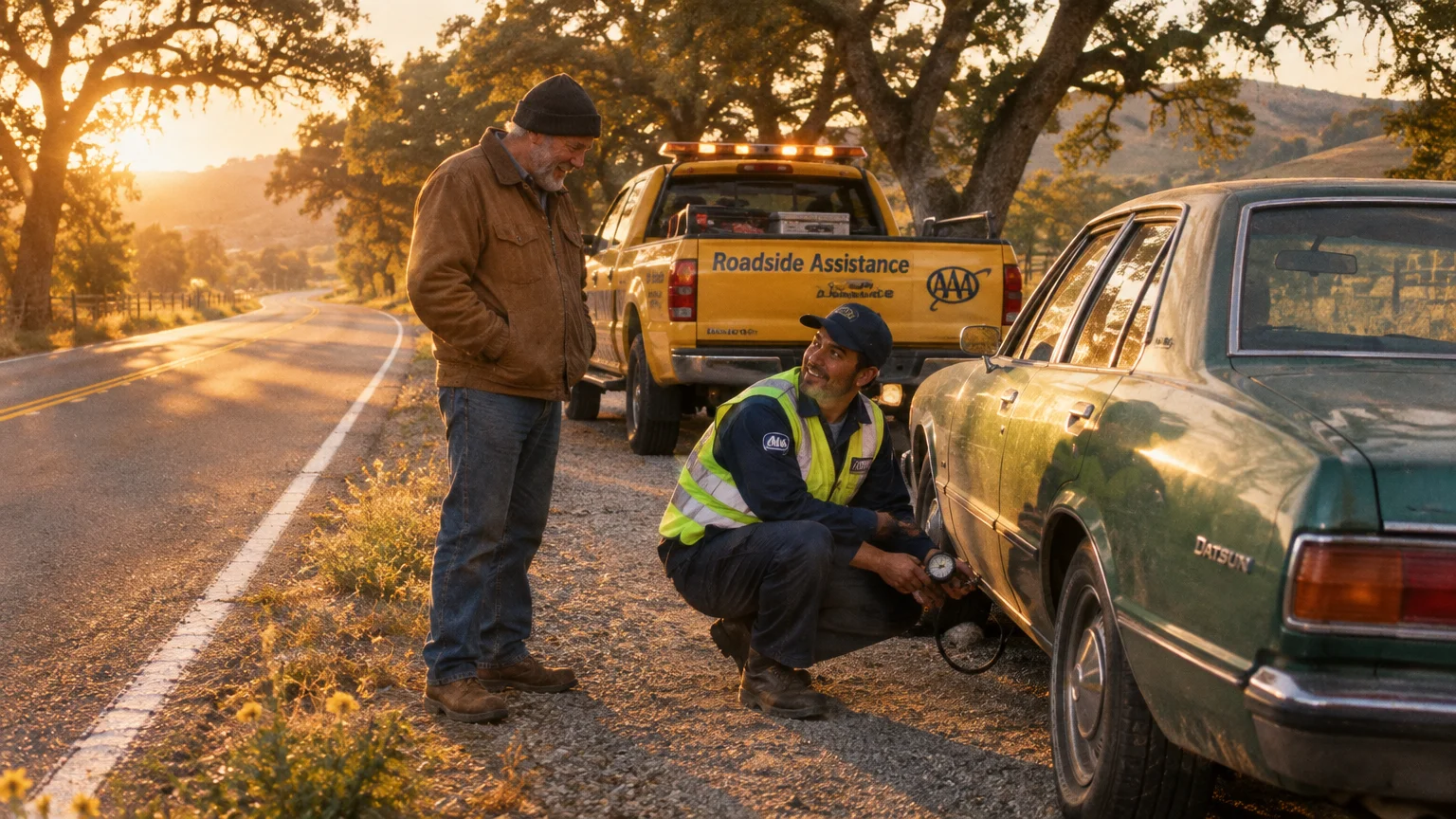 A roadside assistance worker checks a green car's tire beside an older man along a rural road at sunset.
