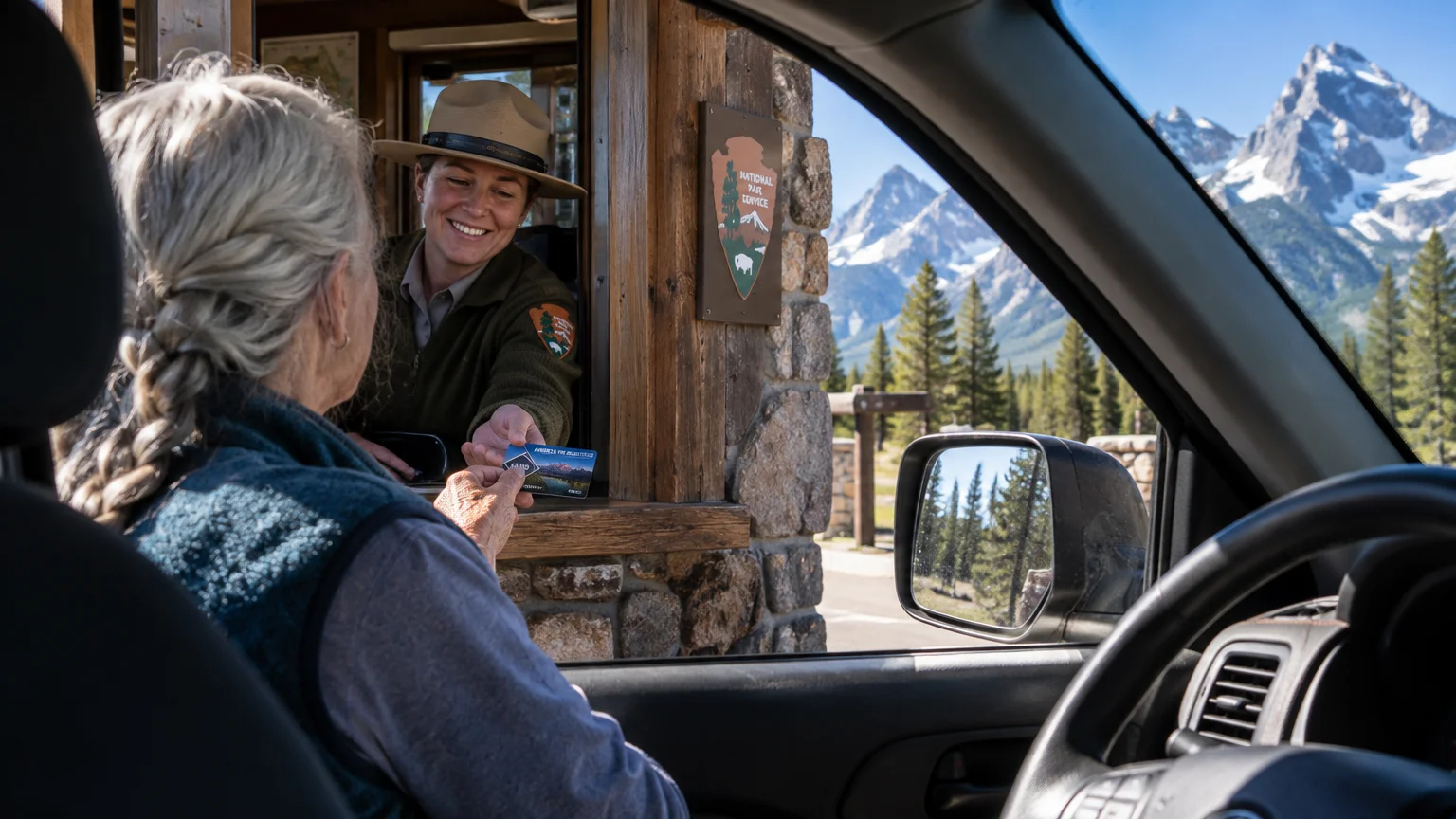 A park ranger in uniform smiles as a senior driver hands over an entry pass at an entrance booth near mountains.