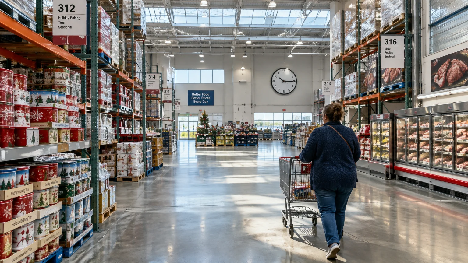 A shopper pushes a shopping cart down a wide, quiet warehouse store aisle lined with tall shelves and meat coolers.