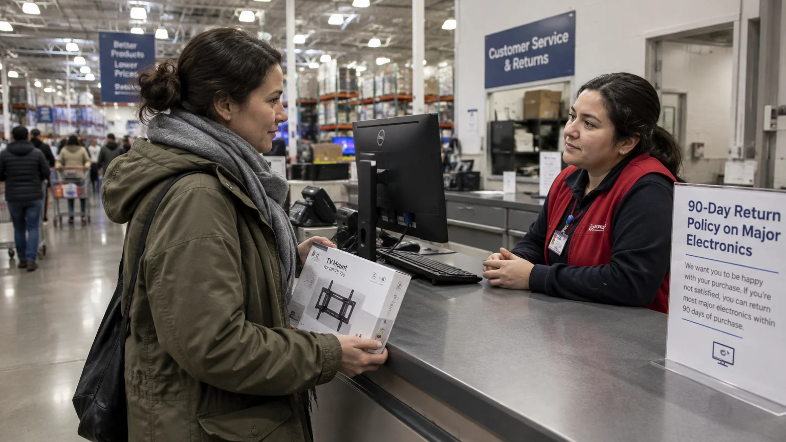 A customer holds a boxed TV mount at a Costco customer service desk beside a sign explaining the 90-day return policy.