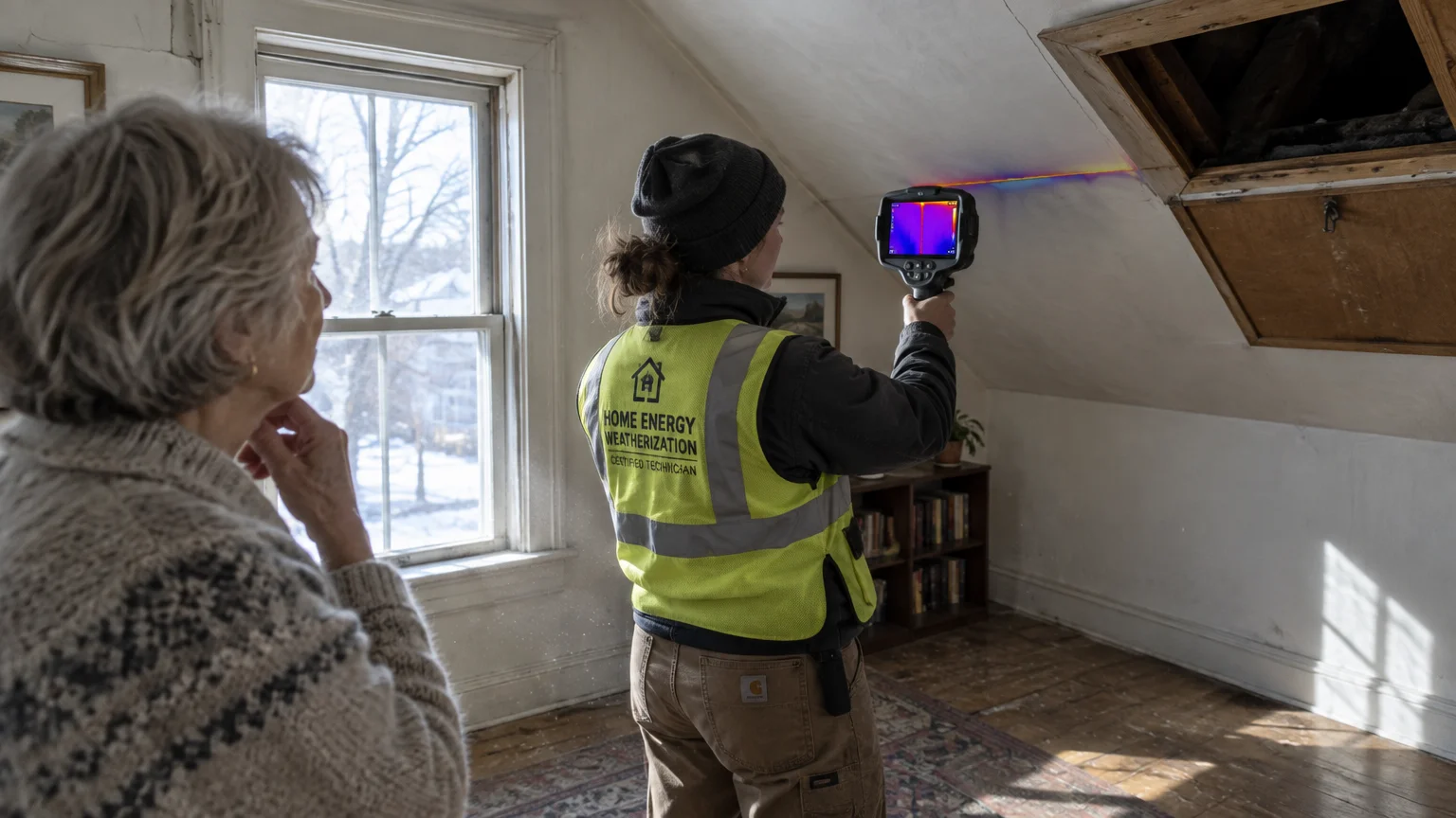 A weatherization technician uses a thermal imaging camera on an attic ceiling while an older woman watches.