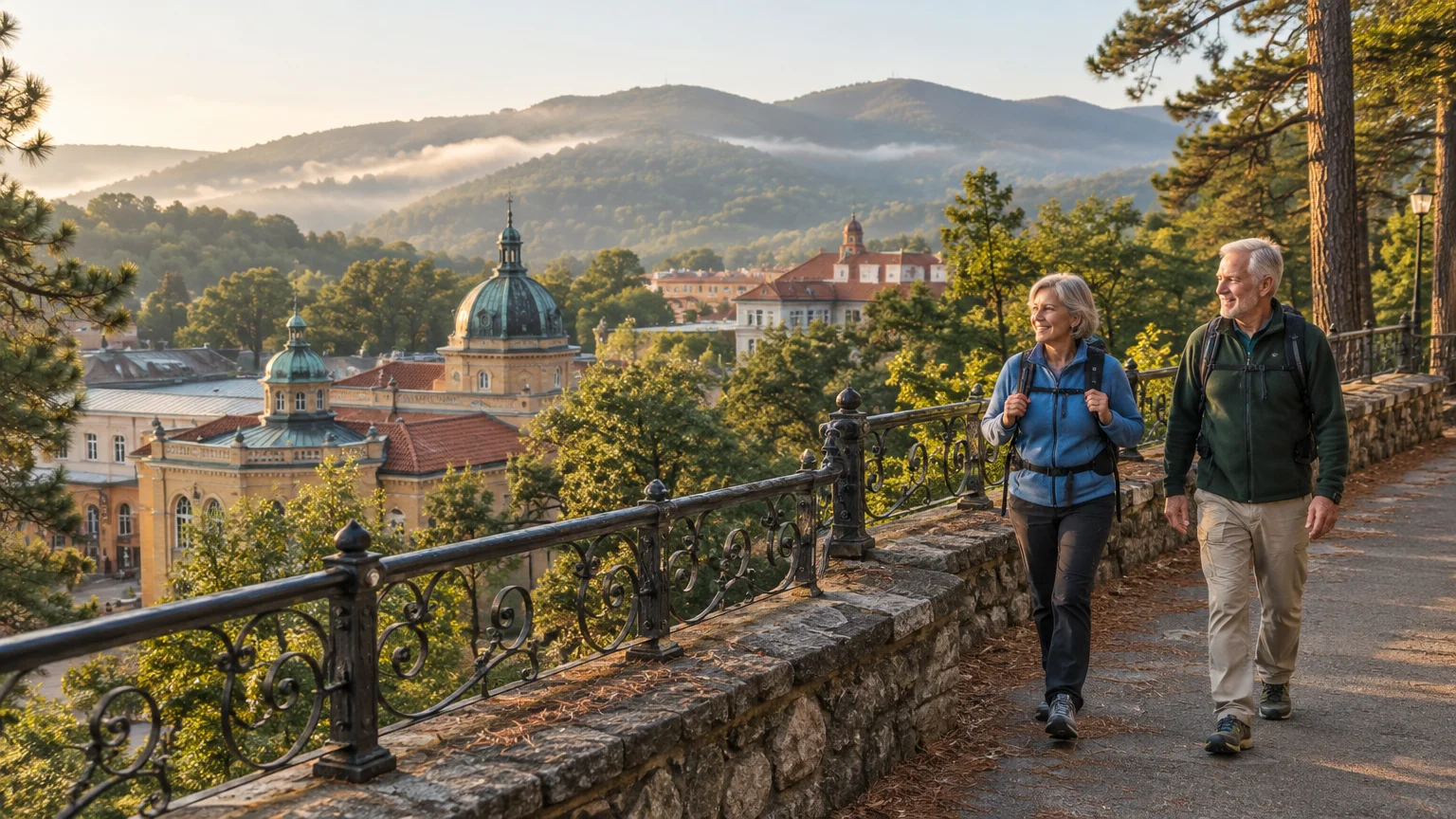 A mature couple with backpacks walks along an elevated stone promenade overlooking historic buildings and misty mountains.