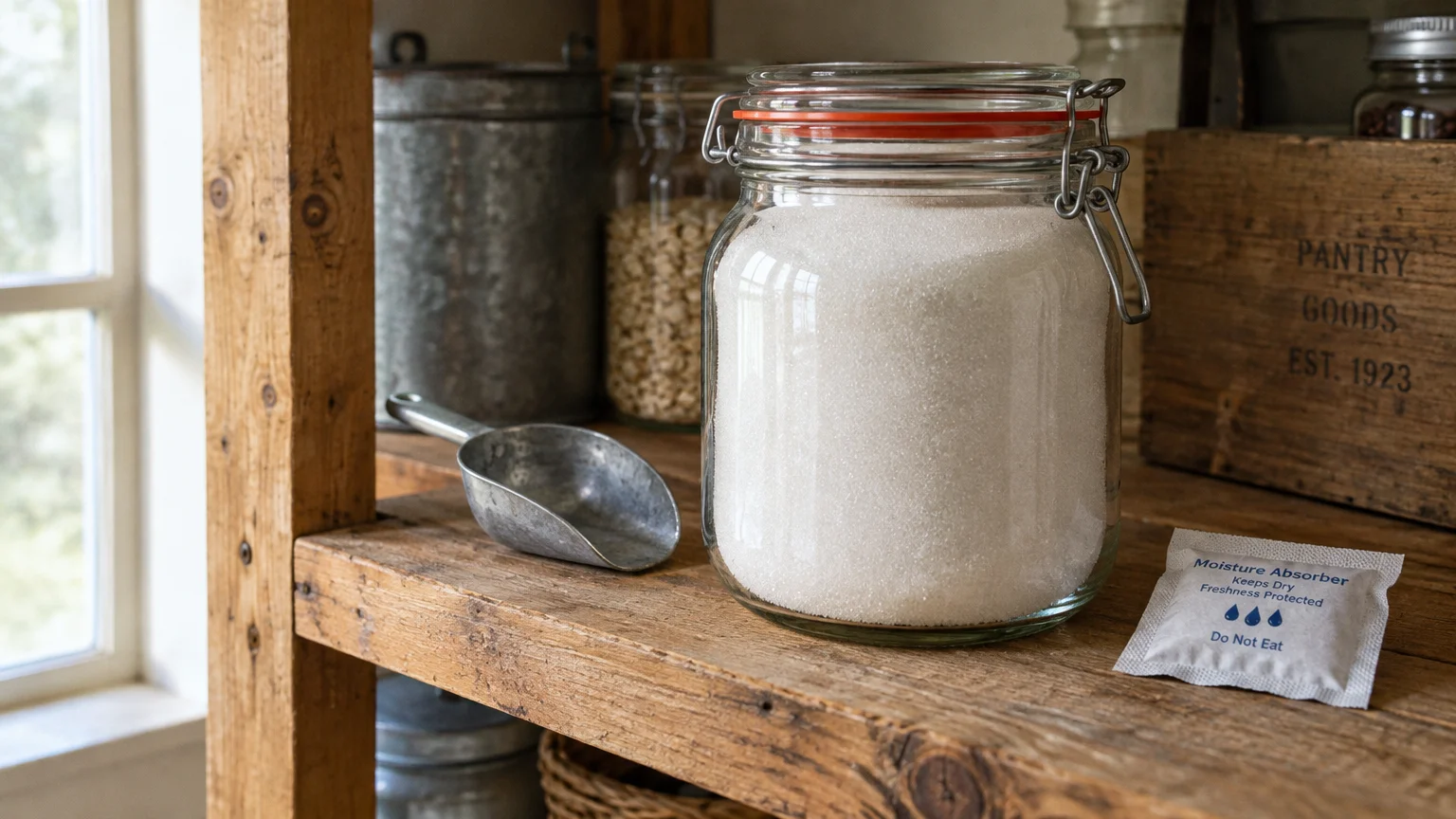 Glass clamp jar filled with white sugar sits on a rustic wooden shelf beside a metal scoop and moisture absorber packet.