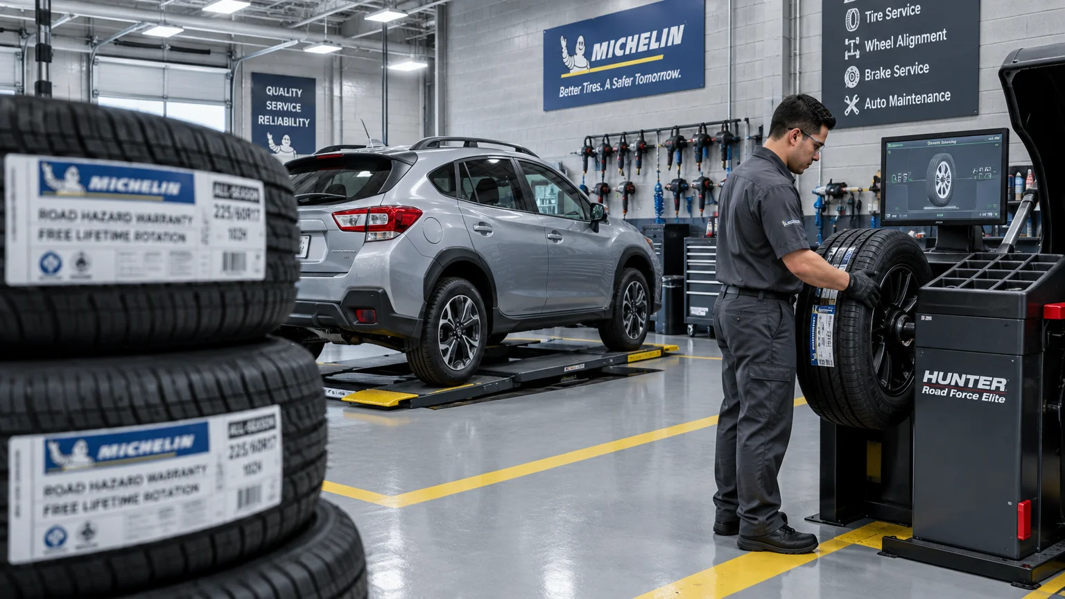 Auto technician mounts a tire onto a balancing machine in a service bay beside a silver SUV on a lift.