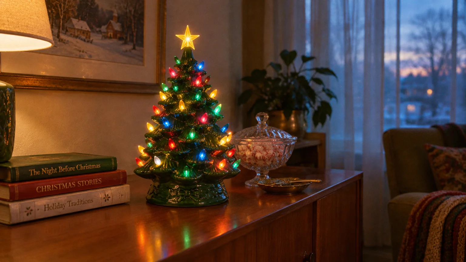 Illuminated green ceramic Christmas tree with colorful bulbs on a wooden sideboard next to holiday books.