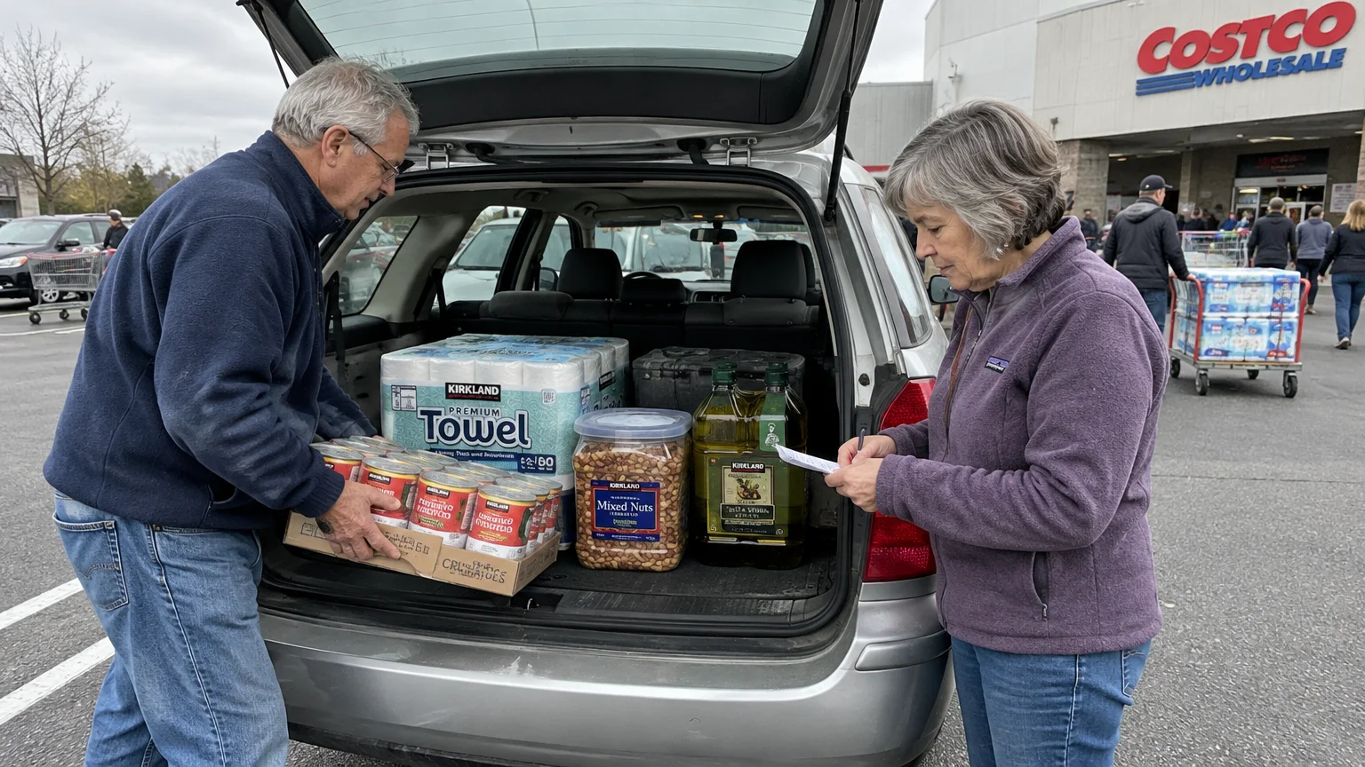 Older couple packing bulk groceries, including paper towels and canned goods, into an SUV trunk outside Costco.