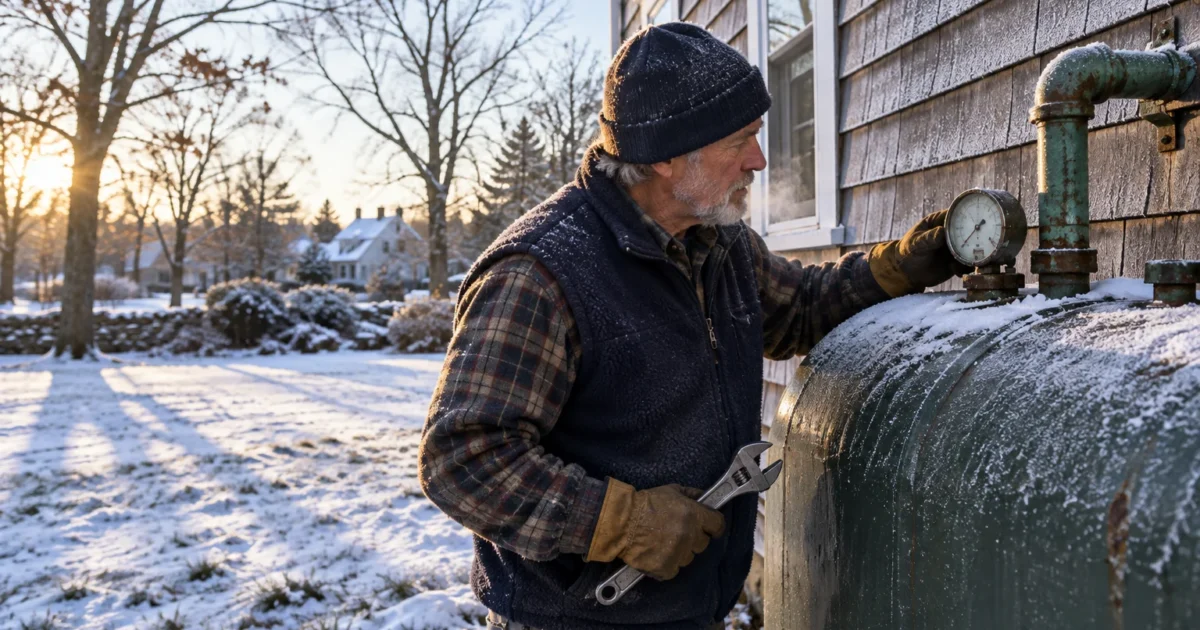 Older man in a beanie and fleece vest holds a wrench while checking the pressure gauge on an outdoor fuel tank in snow.