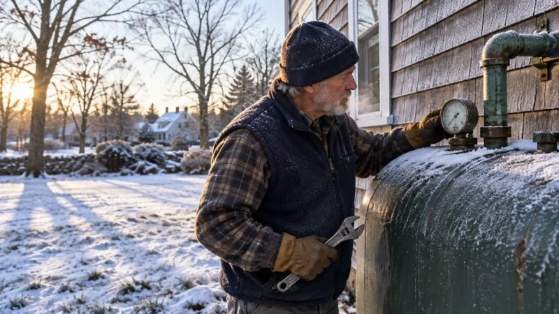 Older man in a beanie and fleece vest holds a wrench while checking the pressure gauge on an outdoor fuel tank in snow.