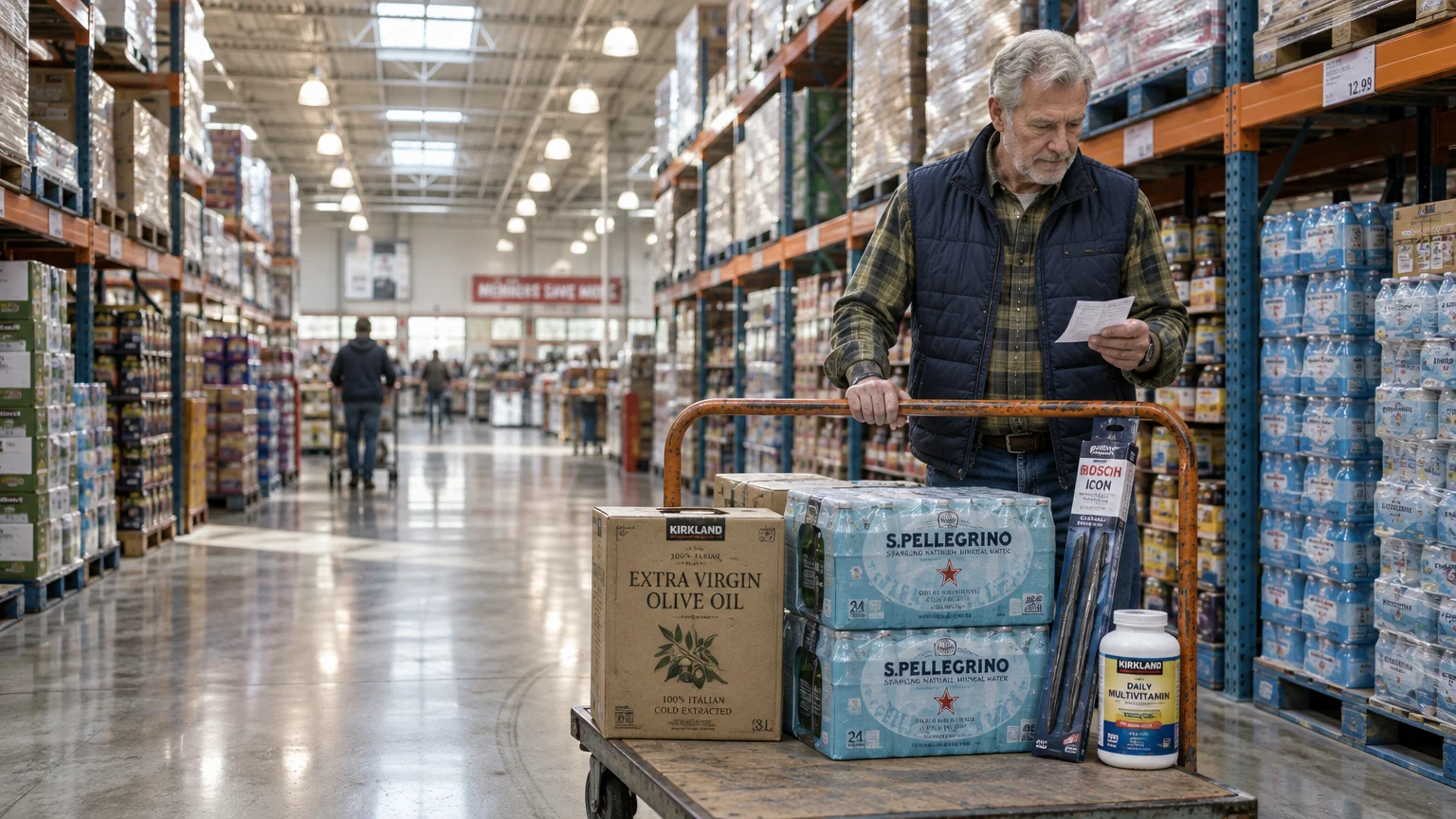 An older man looks at a paper list behind a warehouse cart stacked with olive oil, bottled water, and vitamins.