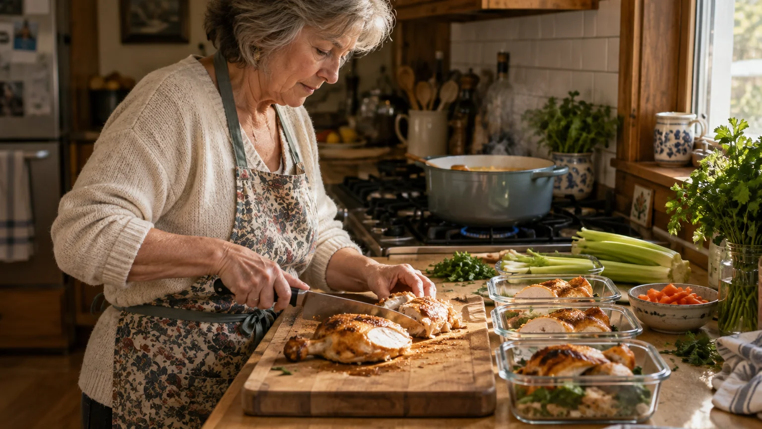 A woman in a floral apron carves roasted chicken on a cutting board near glass meal prep containers and fresh celery.