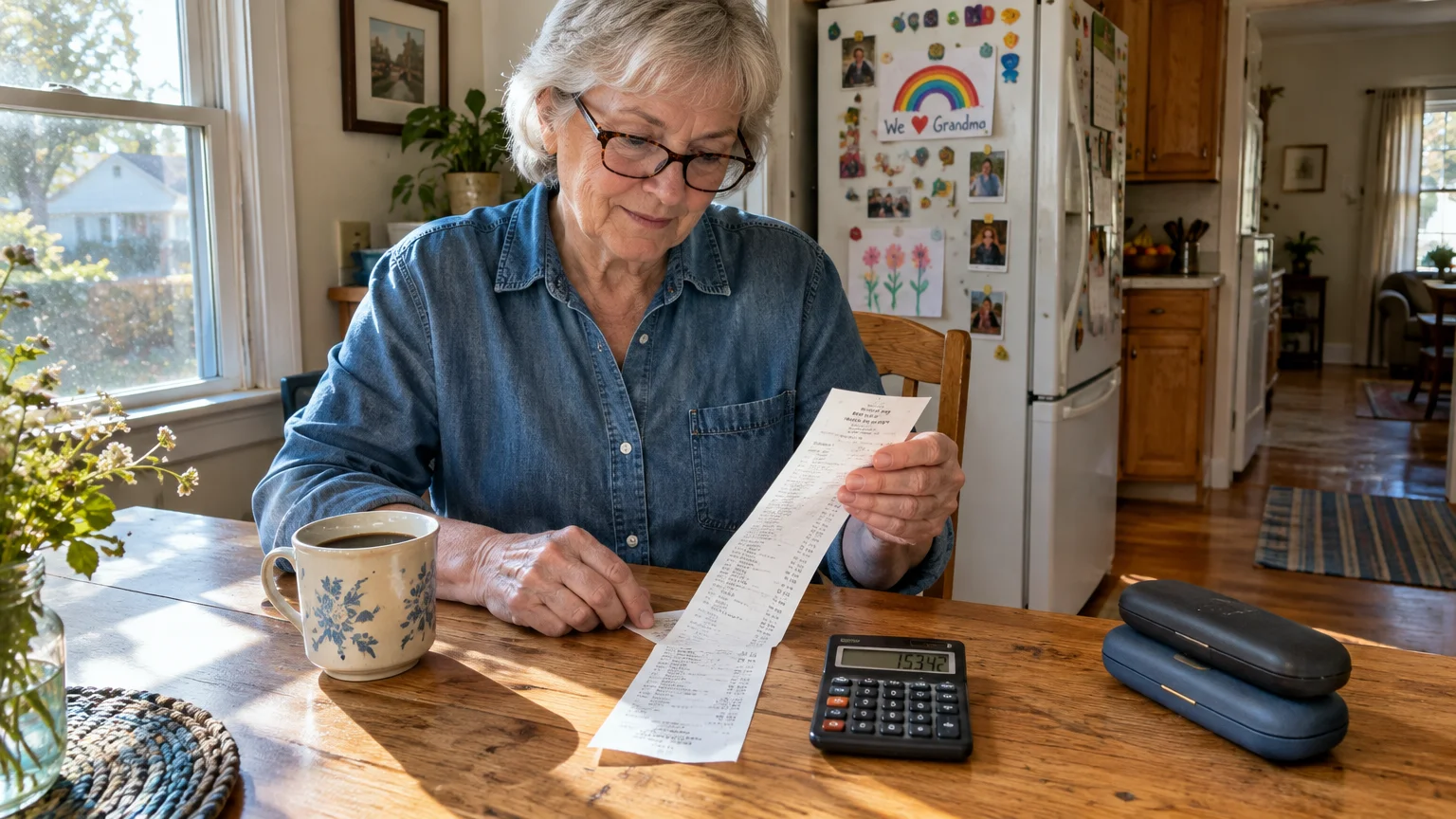 Senior woman sitting at a kitchen table reviewing a long paper receipt with a calculator and coffee mug nearby.