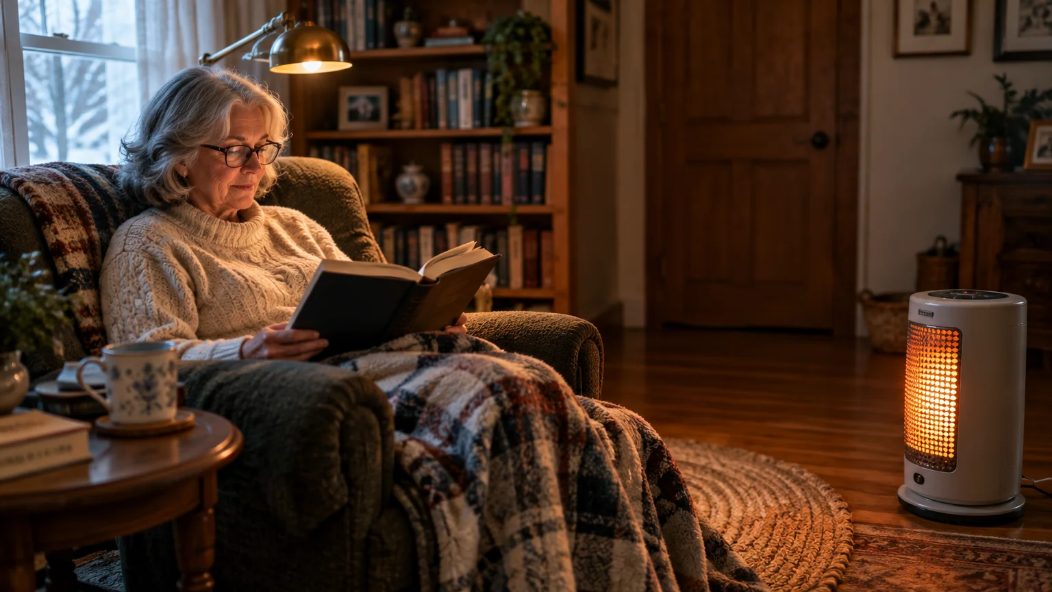 A woman sits in an armchair reading a book under a lamp, warmed by a glowing space heater on the floor.