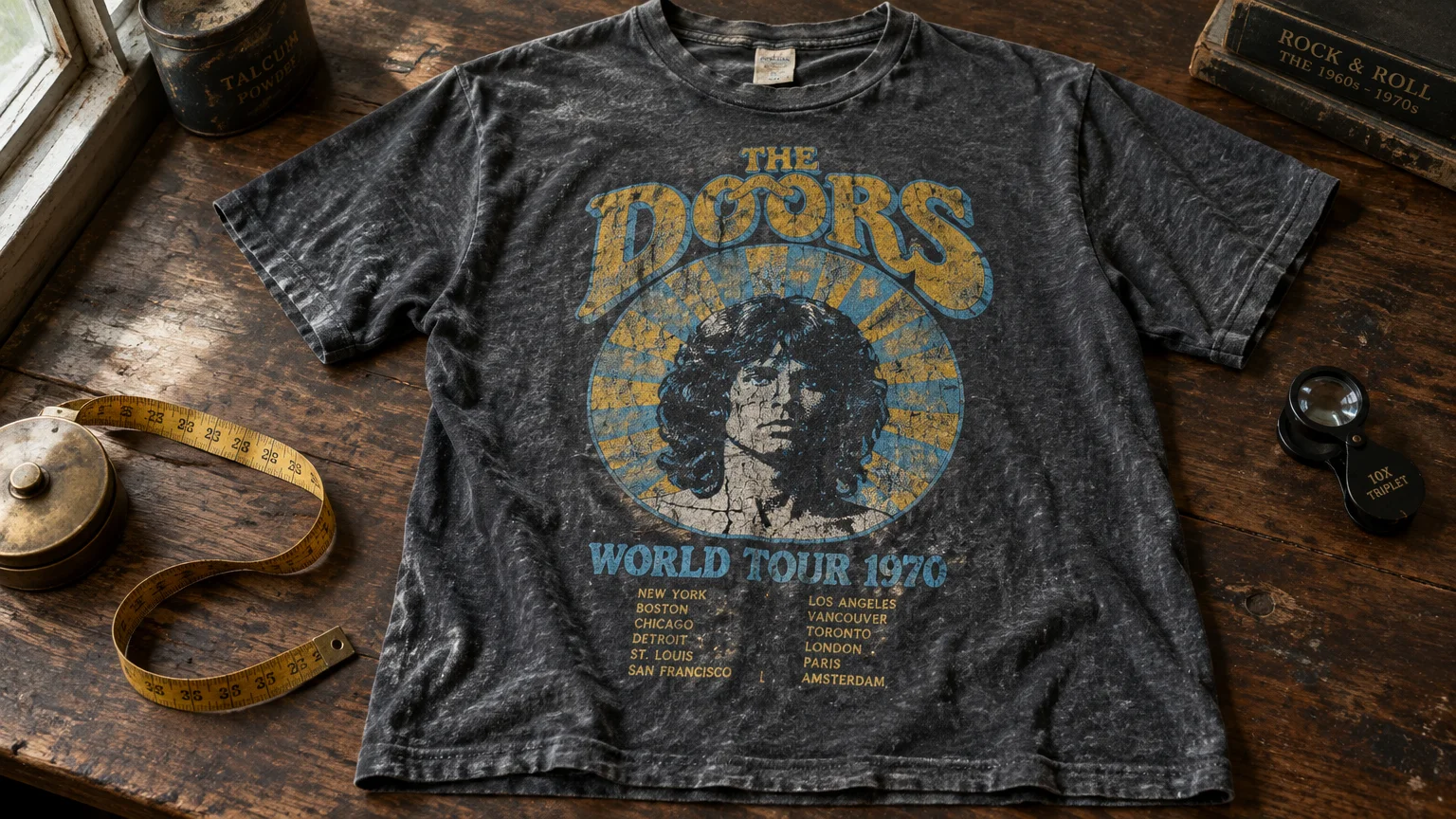 A vintage faded black The Doors World Tour 1970 graphic t-shirt laid flat on a rustic wooden table.