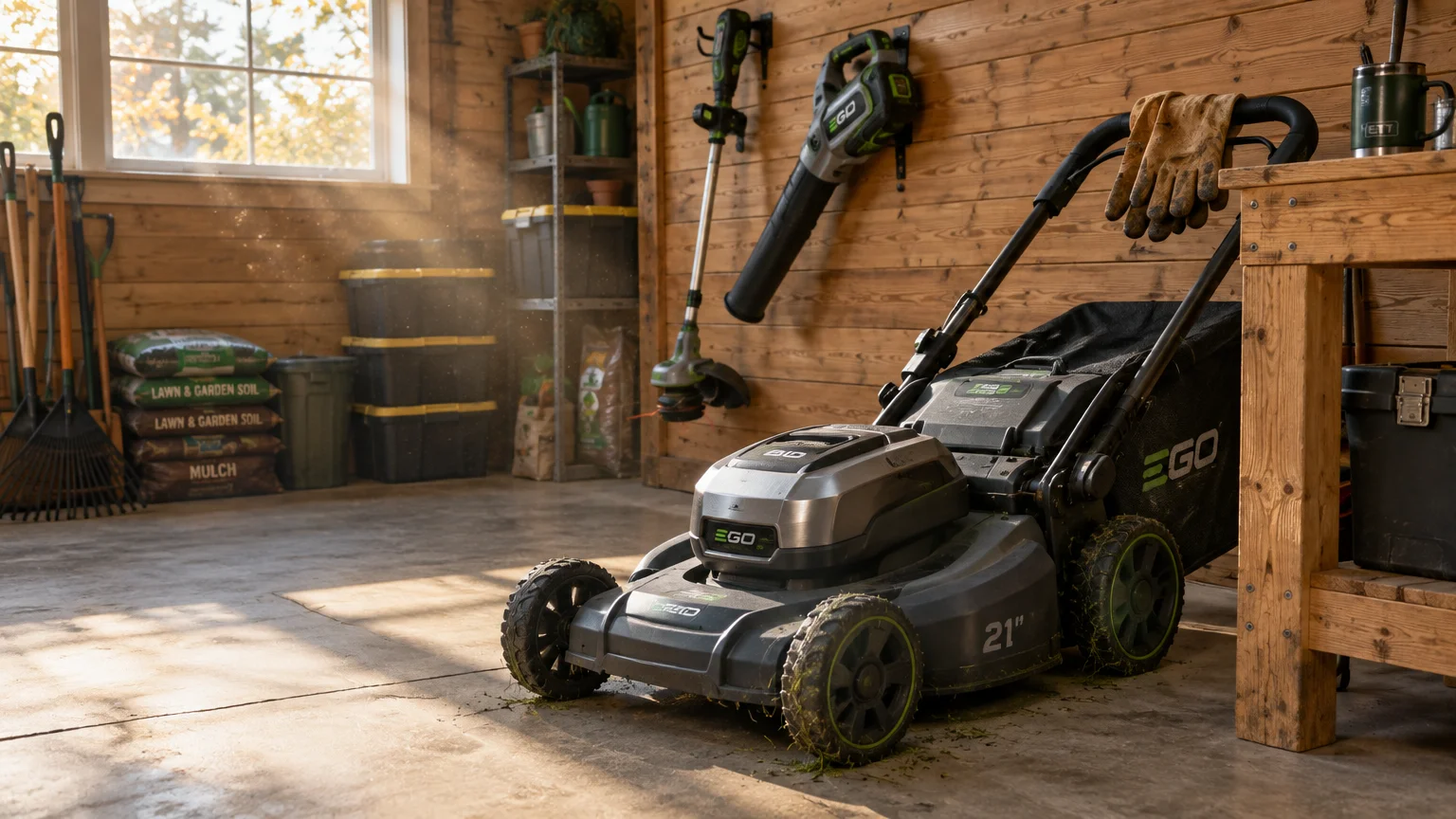 Electric lawn mower parked in a sunlit wooden shed alongside a leaf blower and string trimmer mounted on the wall.