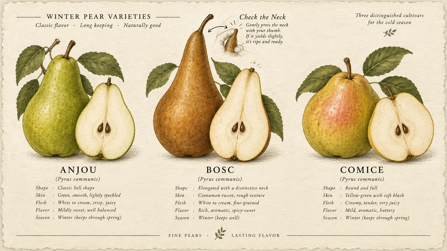 Botanical illustration of Anjou, Bosc, and Comice pears whole and halved with profile descriptions.