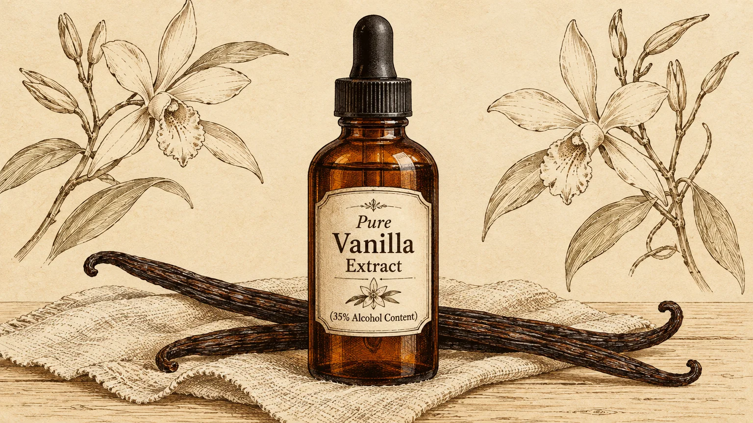 Vintage illustration of an amber dropper bottle of pure vanilla extract beside vanilla beans and botanical orchid sketches.