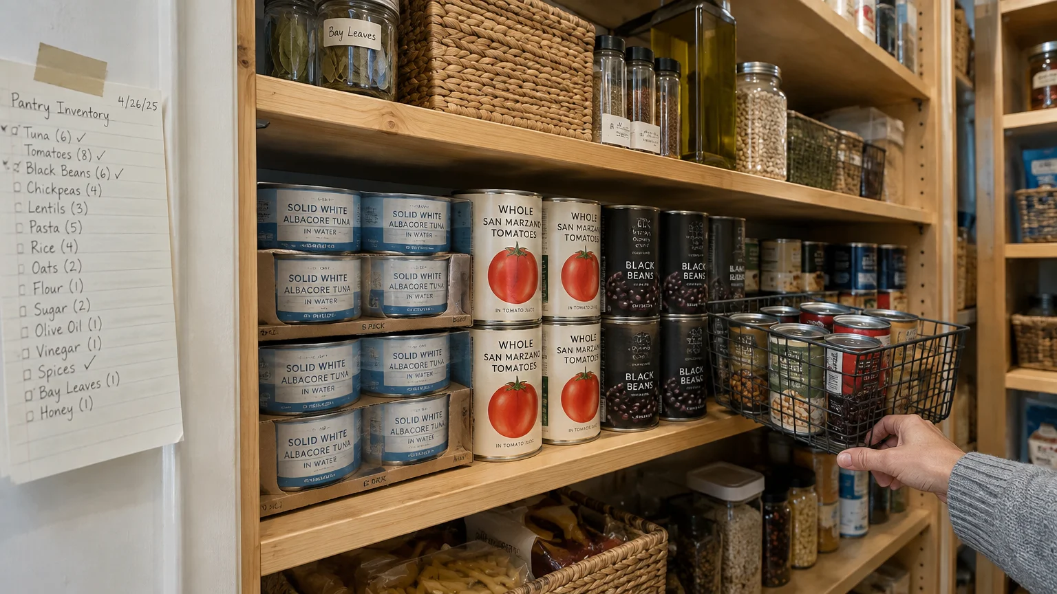 Wooden pantry shelves stocked with canned albacore tuna, canned tomatoes, and black beans beside an inventory checklist.