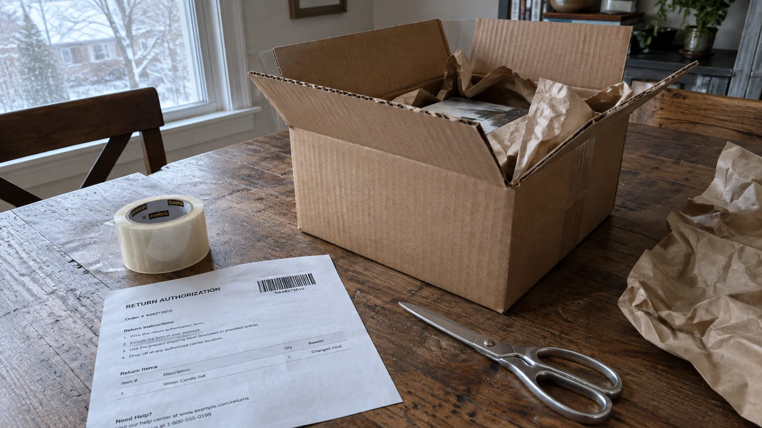 Open cardboard box with packing paper, tape, scissors, and a printed return authorization form on a wooden table.