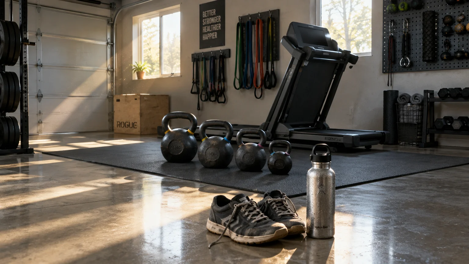 Home gym setup inside a garage with kettlebells, a treadmill, shoes, and a water bottle on the floor.