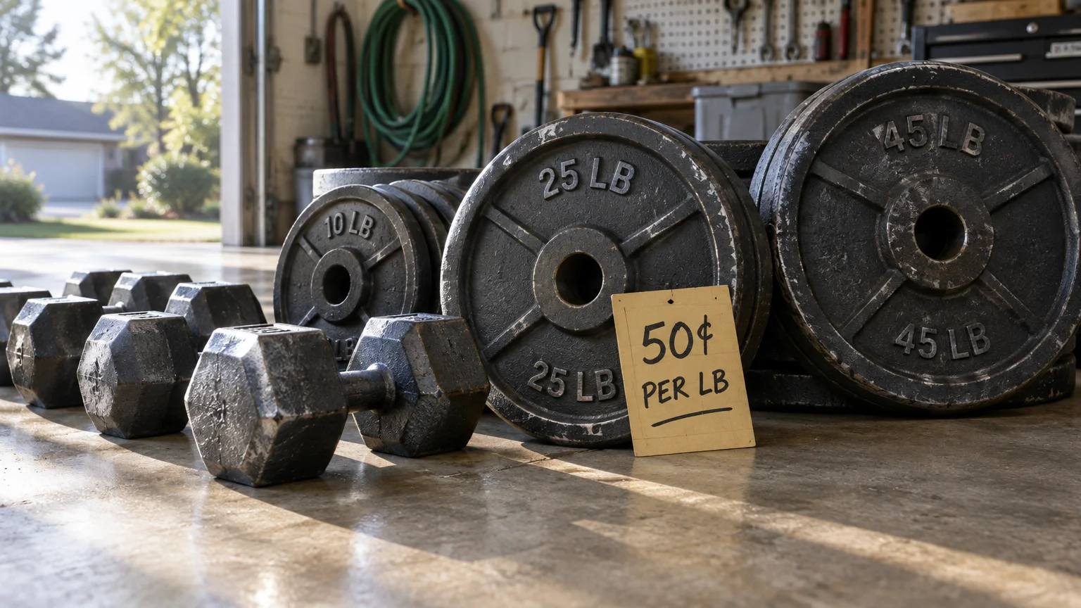 Black cast-iron weight plates and hex dumbbells sitting on a garage floor with a cardboard sign reading 50 cents per lb.