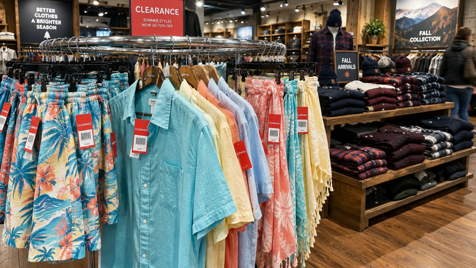 Clearance rack of bright summer shirts and swimwear next to shelves stacked with folded fall flannel shirts.