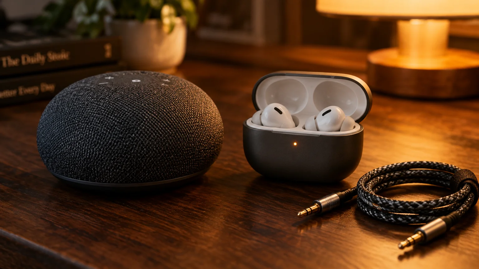A compact round smart speaker, an open charging case with wireless earbuds, and an audio cable on a wooden desk.
