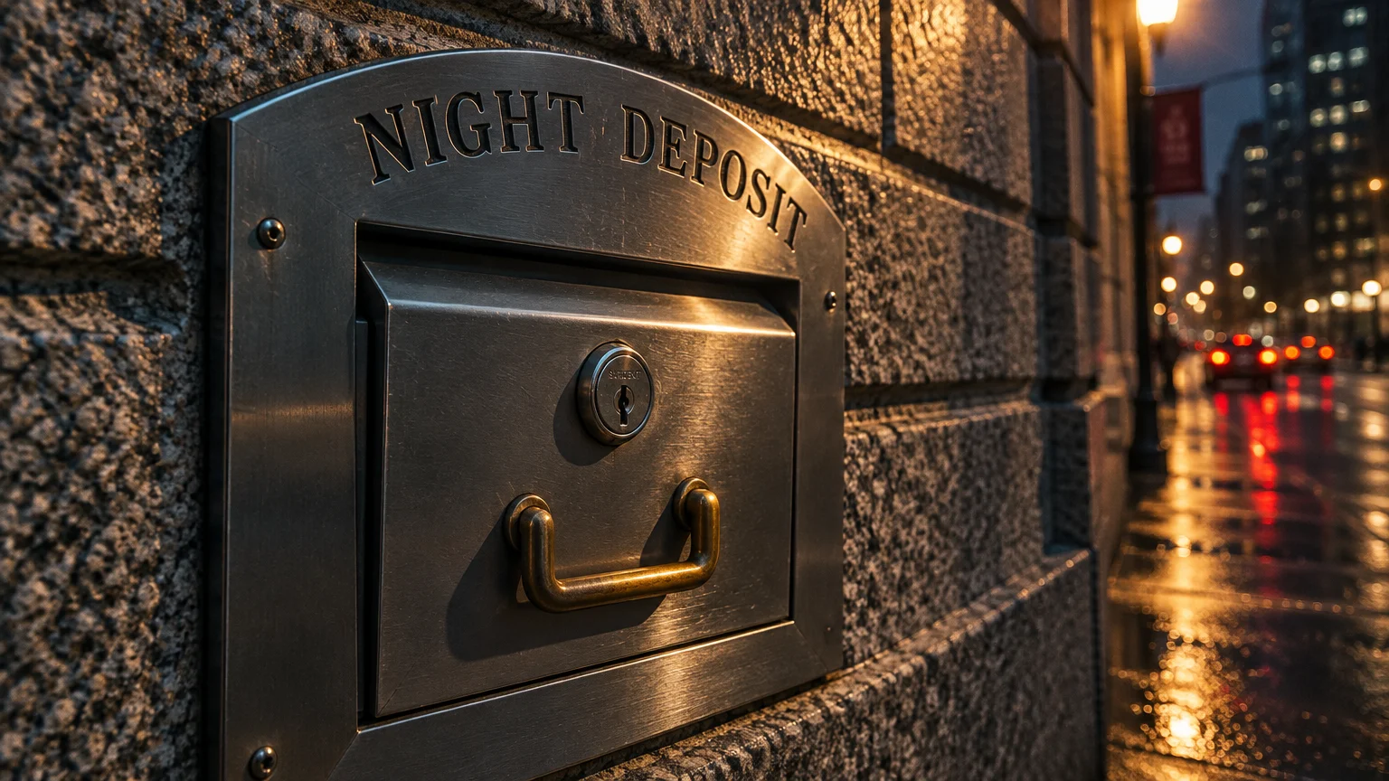 Metallic bank night deposit box set into an exterior stone wall along a wet city street at night.
