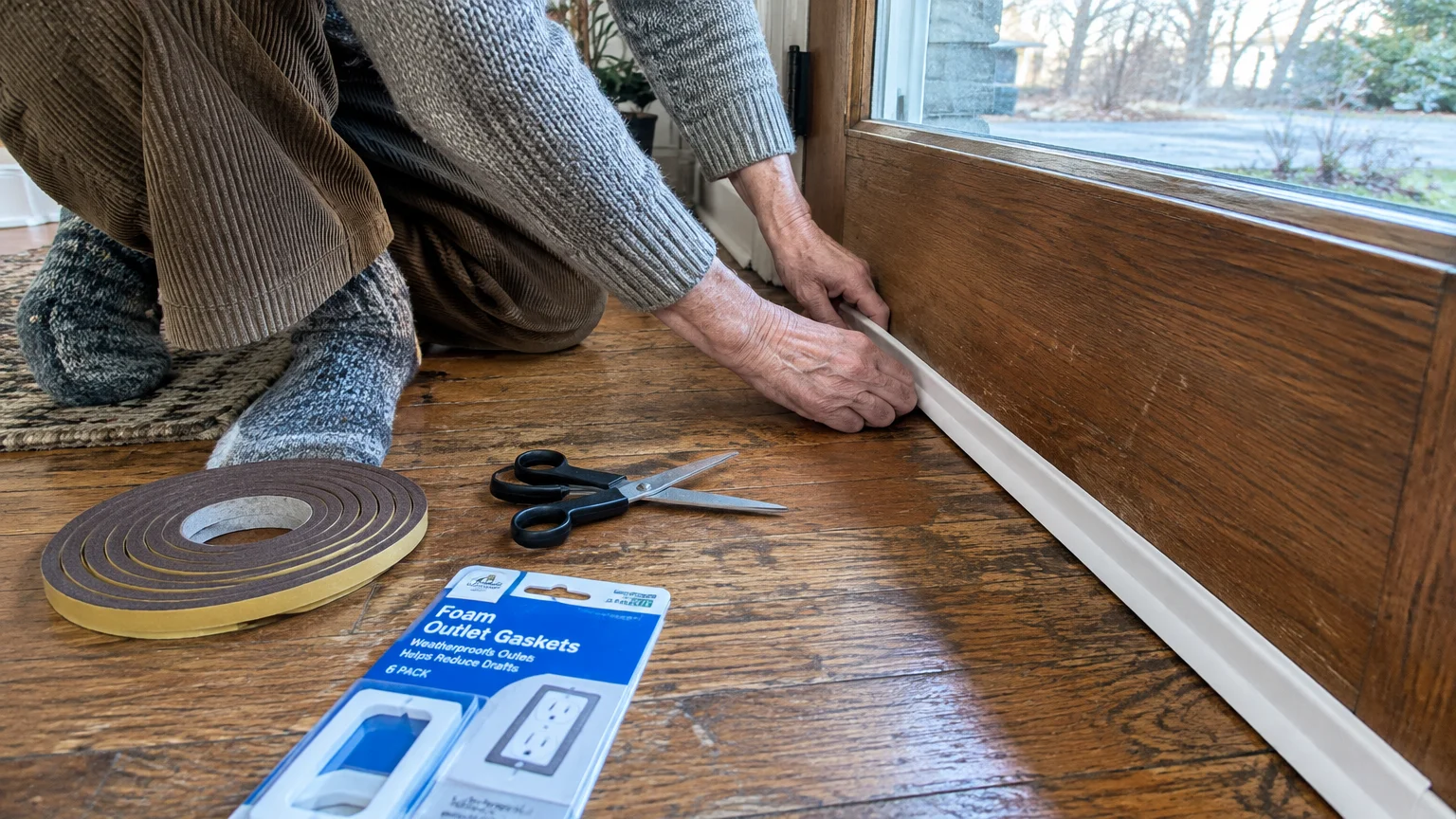 Person kneeling on a wood floor installing a white seal along the bottom of a door near scissors and weatherstripping.