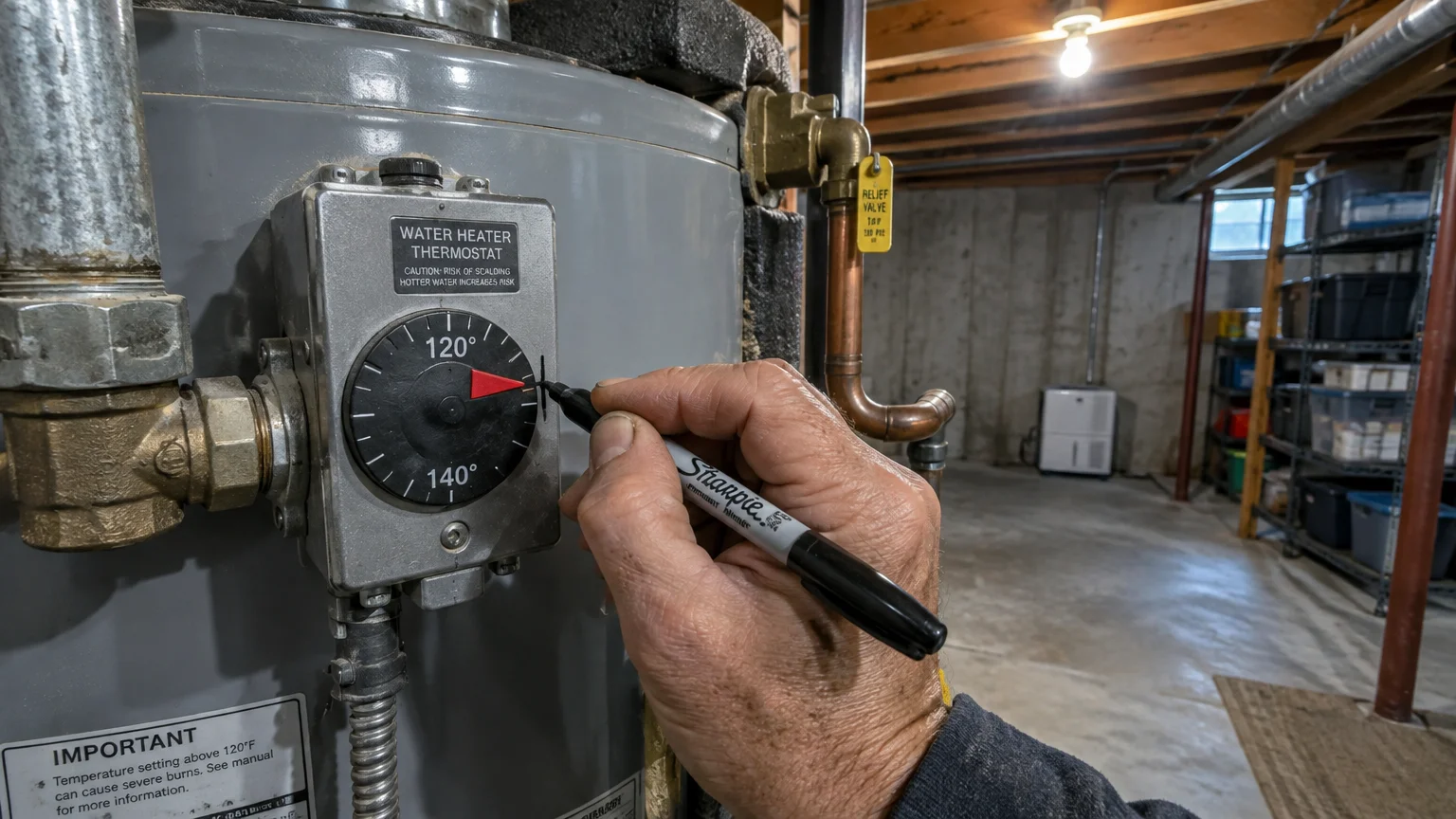 A person marks the 120-degree setting on a water heater thermostat dial using a black permanent marker in a basement.