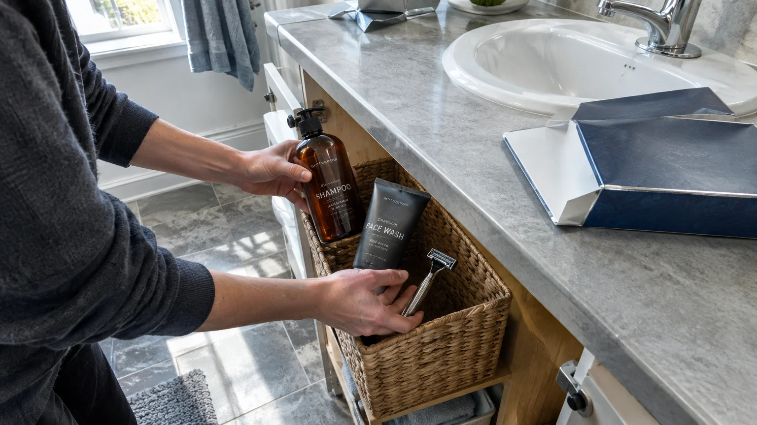 Hands place shampoo, face wash, and a razor into a woven basket in a bathroom vanity beside an opened gift box.