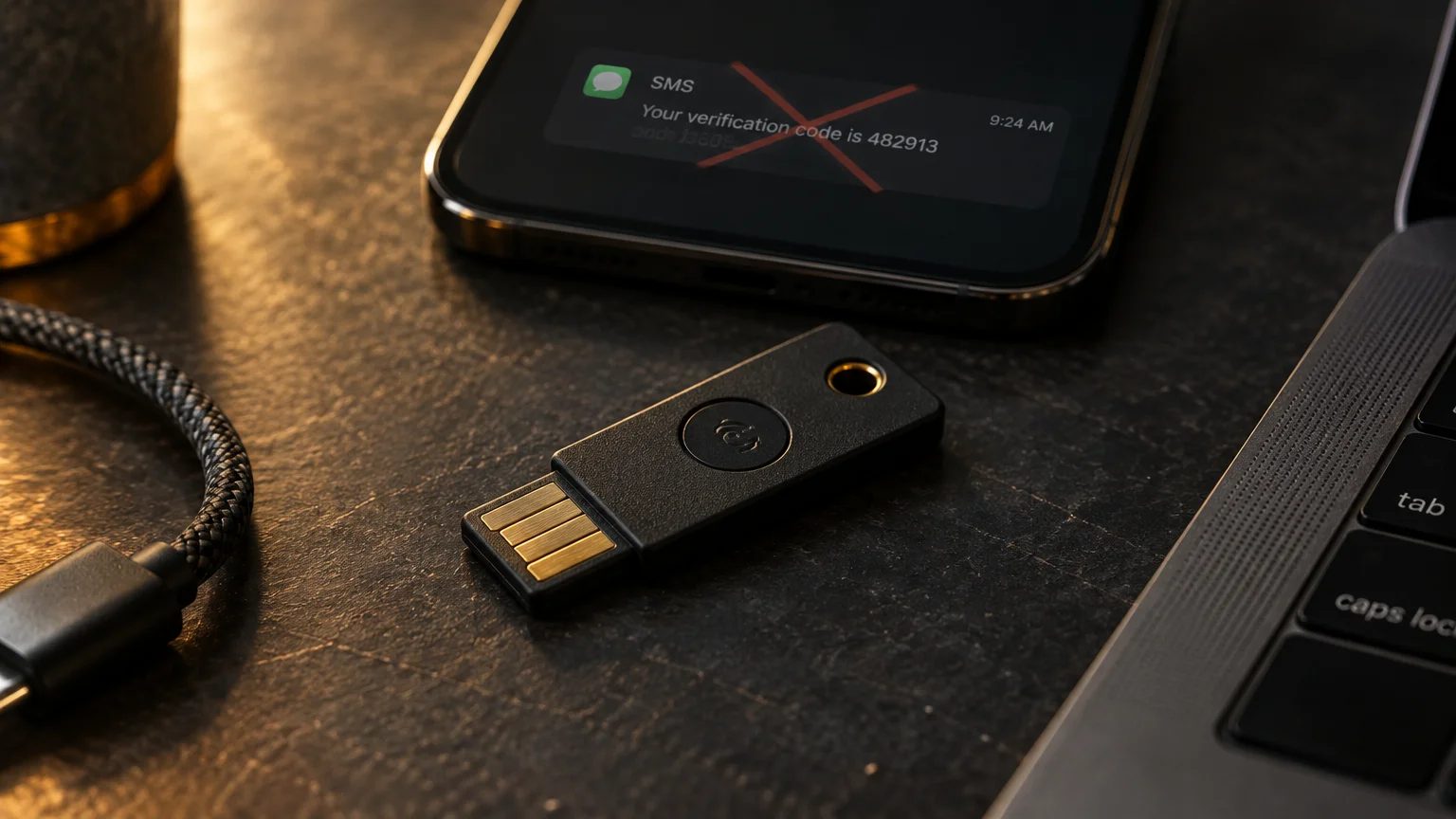 Black hardware security key resting on a desk next to a smartphone showing an SMS verification code crossed out in red.