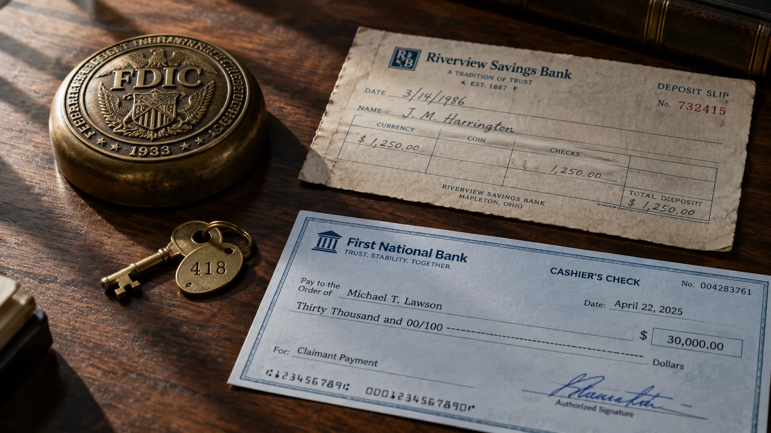 Brass FDIC seal paperweight, safety deposit box key numbered 418, vintage deposit slip, and a modern cashier's check on wood.
