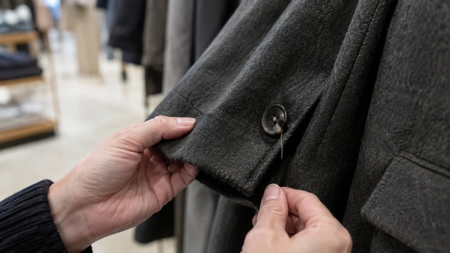 Hands inspecting a loose thread on a dark grey coat sleeve button hanging on a store clothing rack.