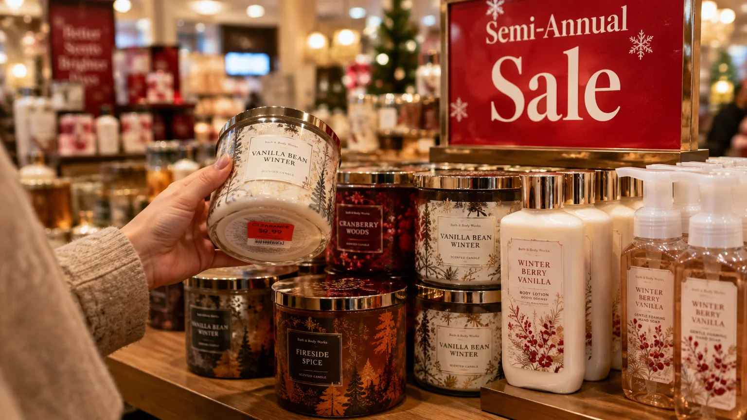 A shopper holds a scented candle beside body lotions, soaps, and candles under a red Semi-Annual Sale sign.