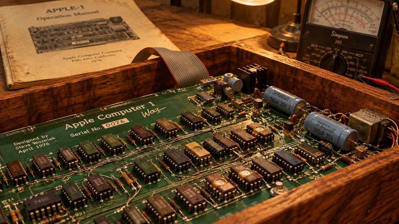 Vintage Apple-1 circuit board in a wooden case beside an operation manual and a Simpson 260 multimeter.