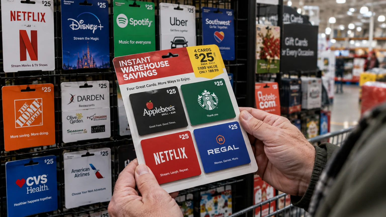 Hands holding a gift card multipack featuring Applebee's, Starbucks, Netflix, and Regal in front of a retail store rack.