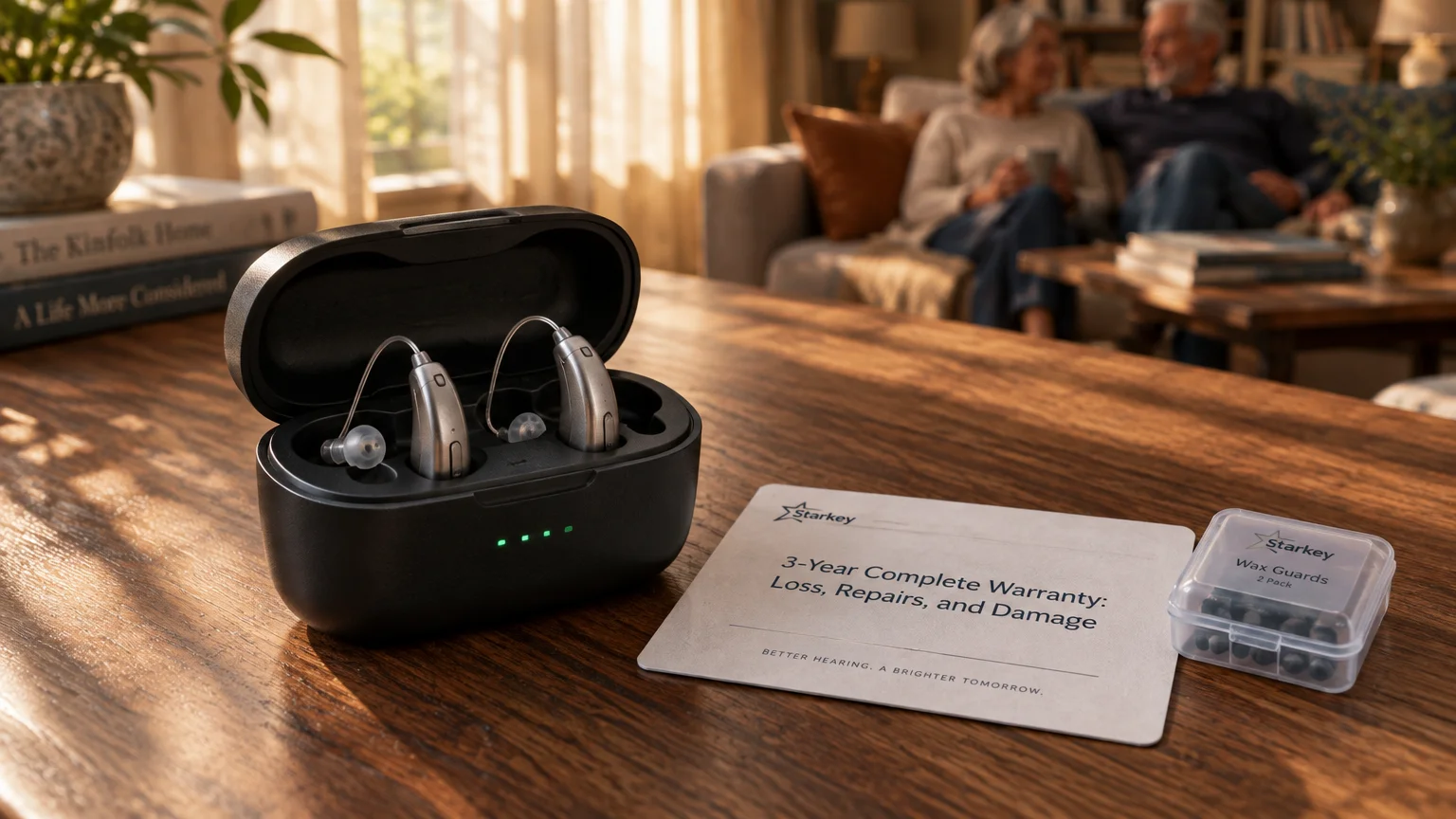 Hearing aids in an open charging case on a wooden table beside a warranty card and wax guards, with a couple in the background.