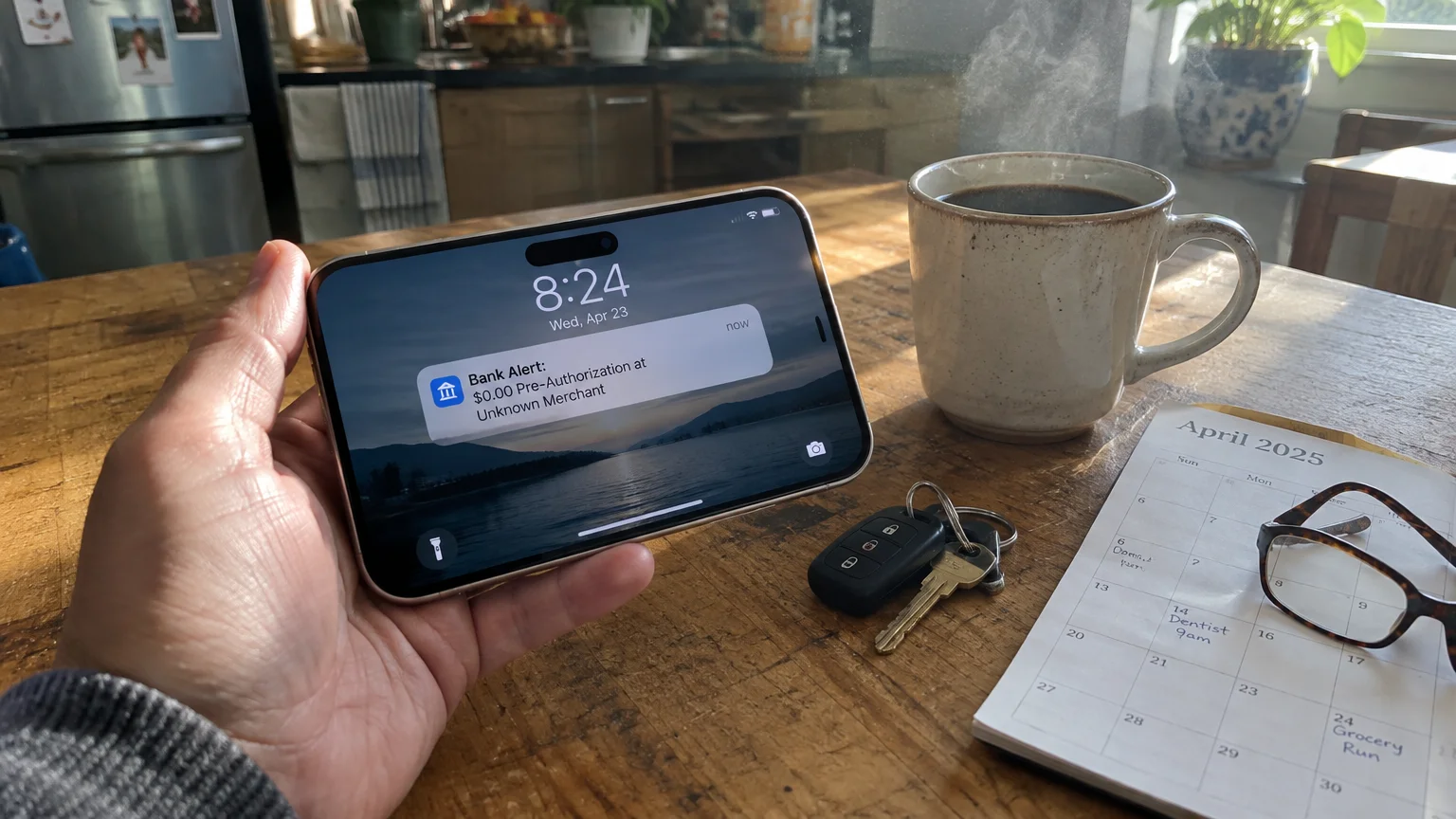 A hand holds a smartphone showing a bank alert notification, next to a steaming coffee mug, keys, and calendar.