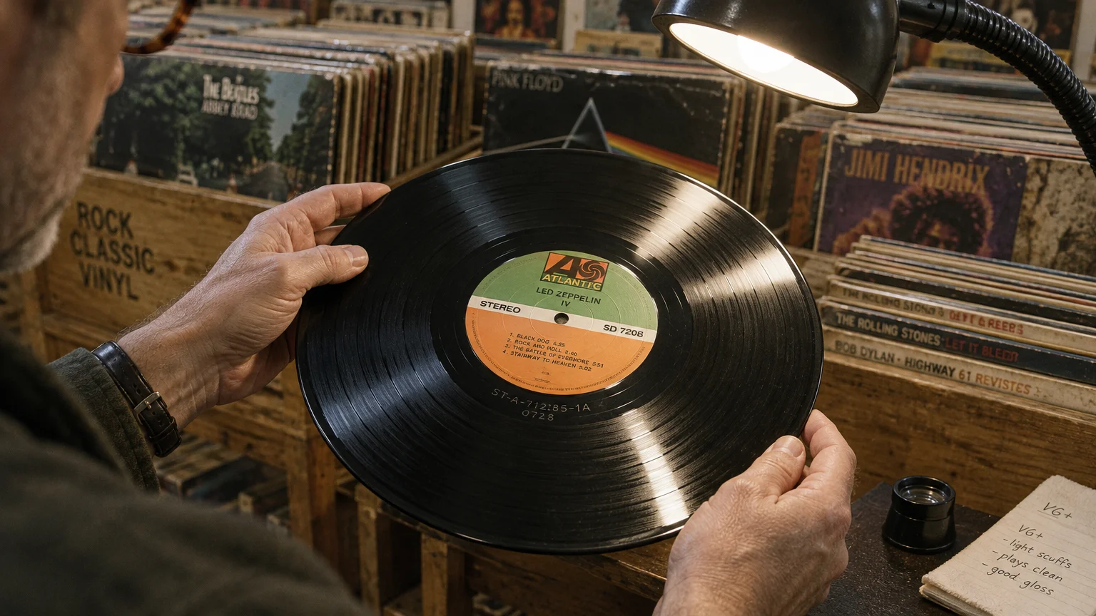 A person holding a Led Zeppelin vinyl record under a desk lamp, inspecting the etched dead wax matrix codes.