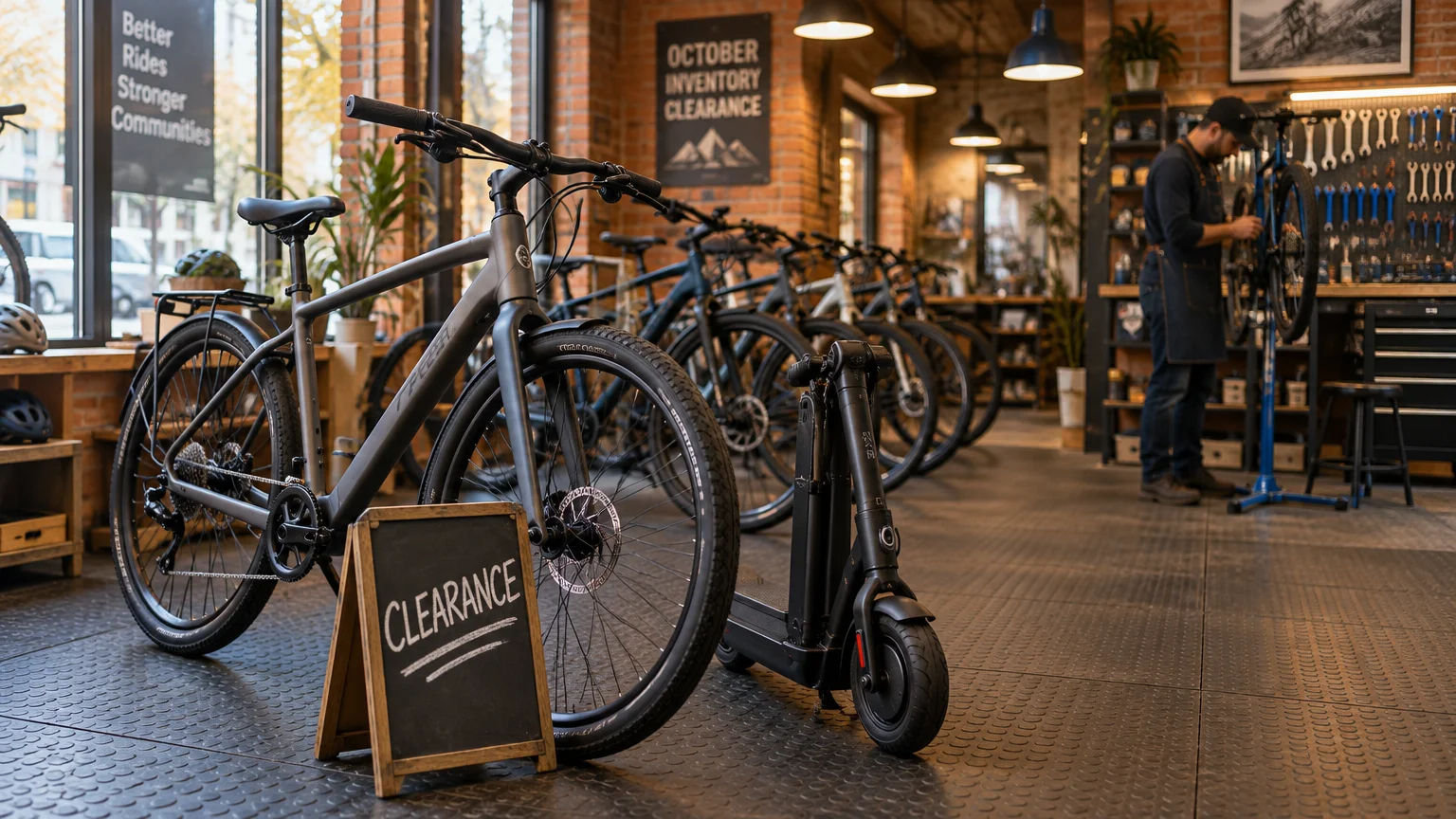 Bicycle and electric scooter beside a chalkboard clearance sign inside a bike shop with a mechanic in the background.