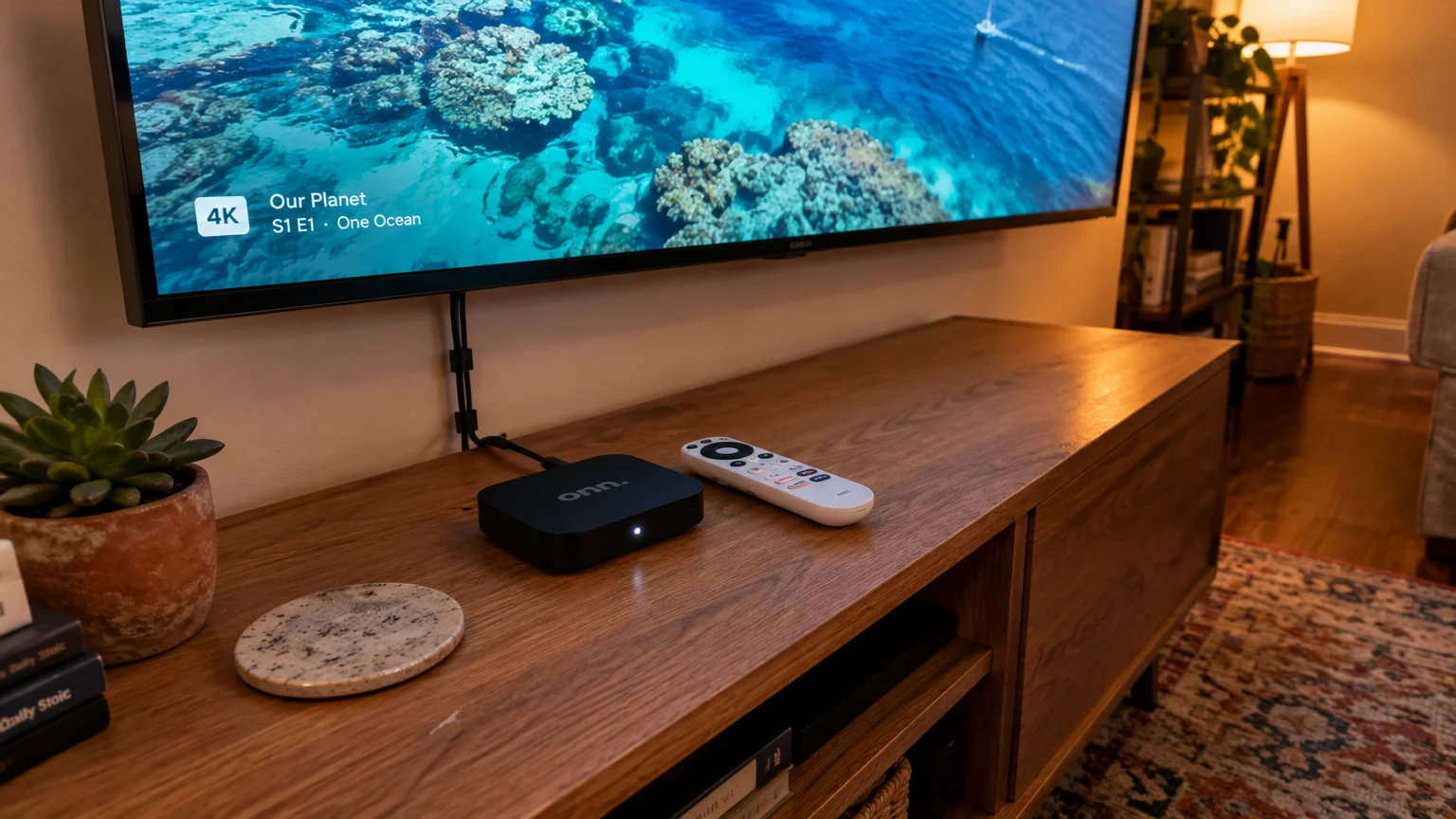 Black onn streaming box and white remote on a wooden TV console beneath a mounted flat-screen television.