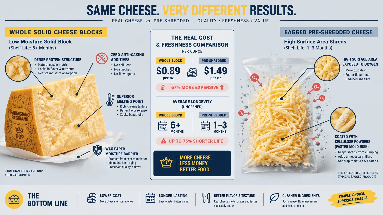 Infographic comparing a block of Parmigiano-Reggiano cheese to bagged shredded cheese, highlighting cost and shelf life.