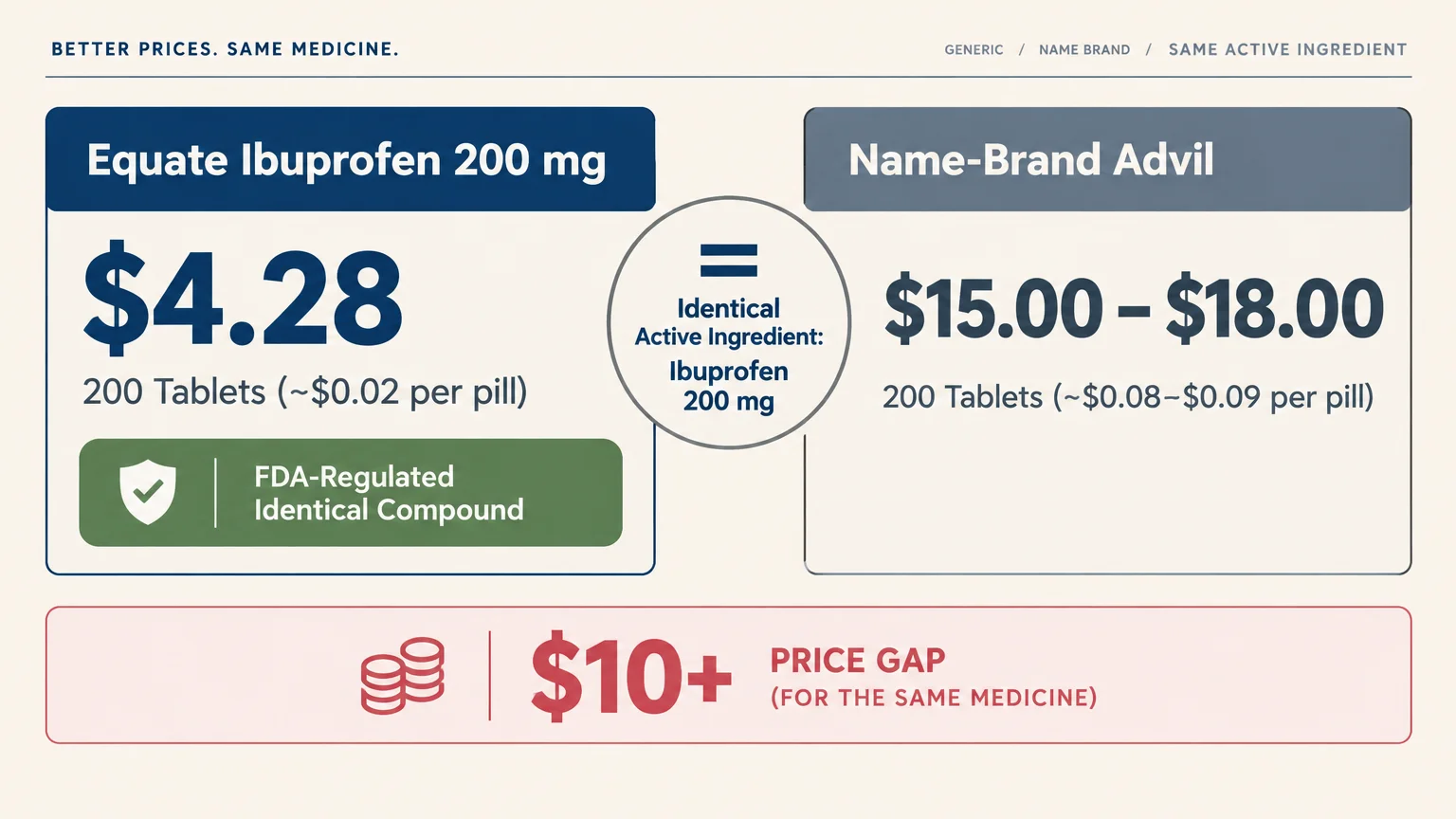 Price comparison graphic contrasting Equate Ibuprofen at $4.28 with Advil at $15 to $18, highlighting a $10+ price gap.