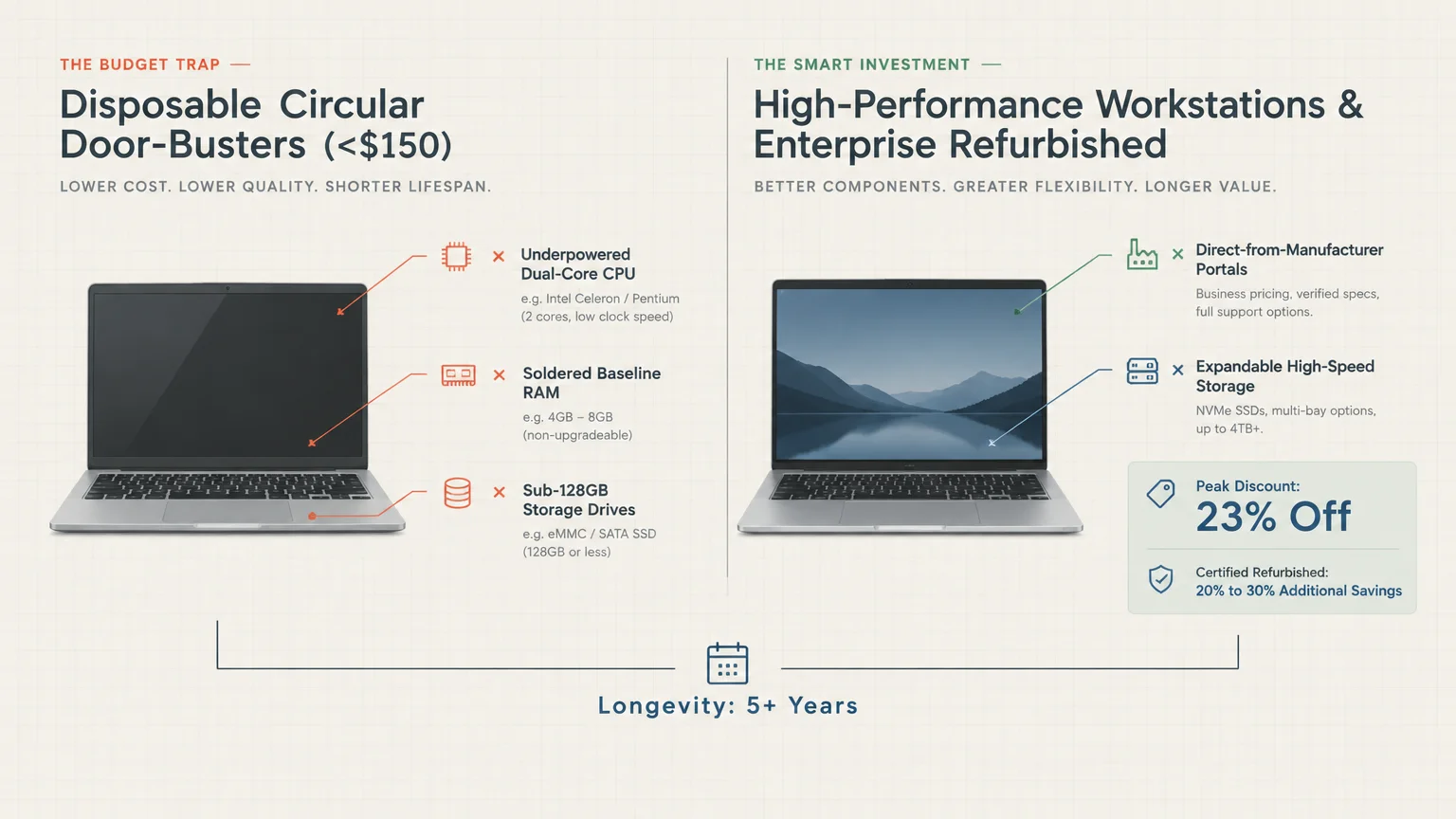 Diagram comparing cheap sub-$150 circular laptops against high-performance workstations featuring a 23% peak discount.