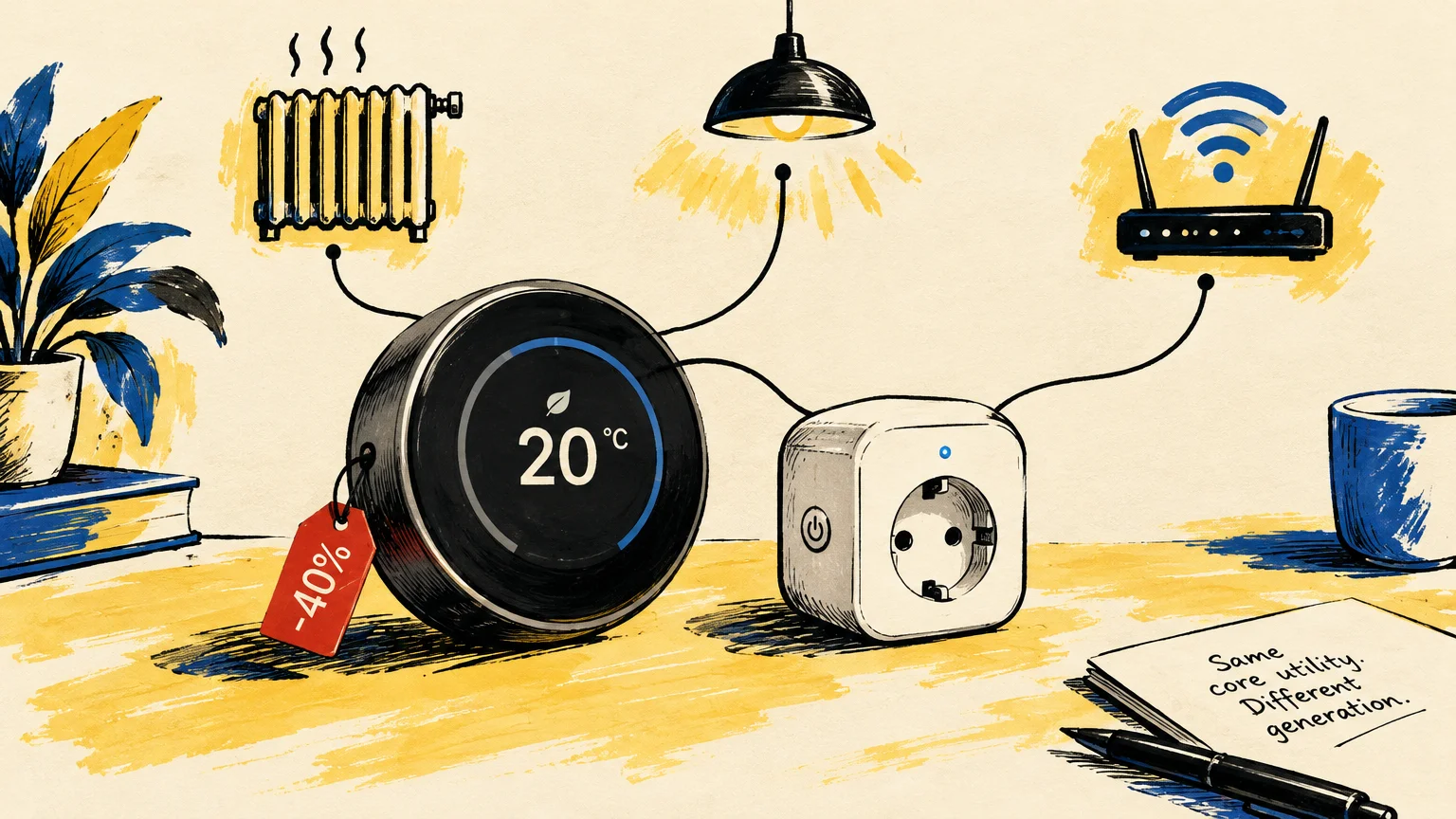 Illustration of a smart thermostat on sale, a smart plug, and a Wi-Fi router on a desk with connected line icons.