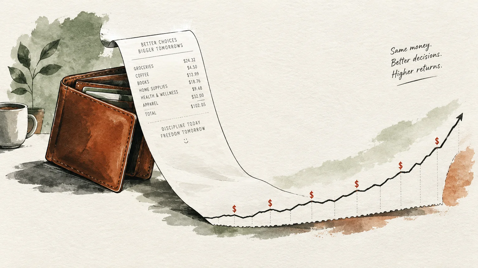 Illustration of a leather wallet with a receipt unrolling into a rising financial growth chart beside a coffee cup.