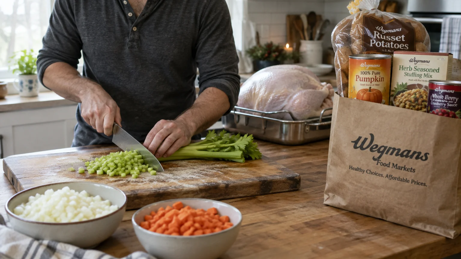 A man chops celery on a wooden counter beside a raw turkey in a roasting pan and a paper bag of Wegmans groceries.