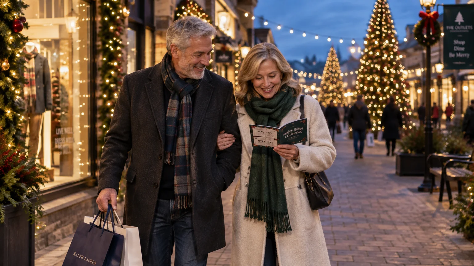 Older couple walking arm in arm through an outdoor shopping street decorated with Christmas trees, looking at a coupon book.
