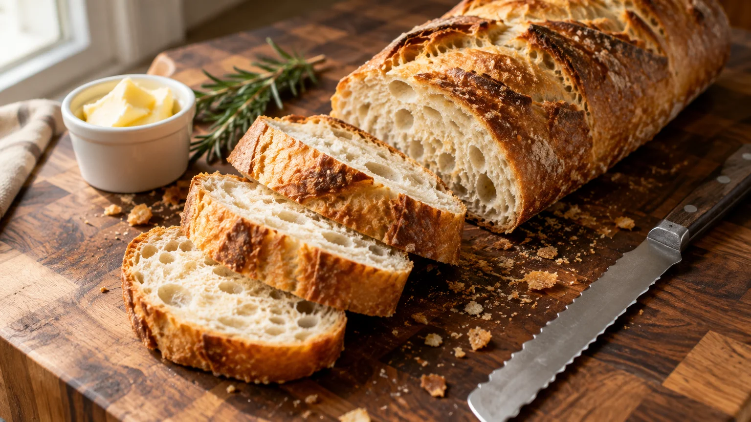 Sliced crusty French bread on a wooden cutting board beside a bread knife, small bowl of butter, and rosemary sprig.