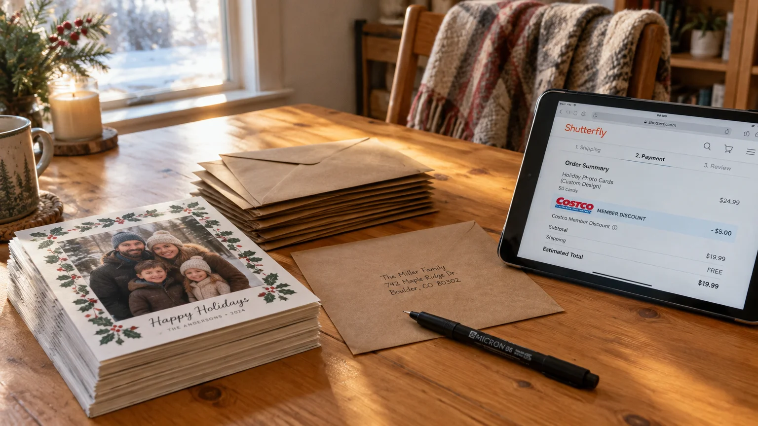 A stack of printed holiday photo cards, kraft paper envelopes, a pen, and a tablet displaying a Shutterfly checkout screen.